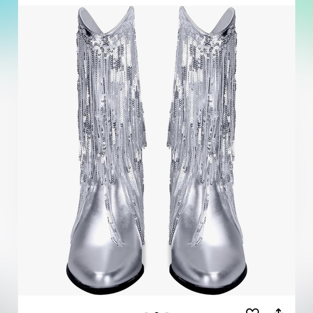 *NEW* TAYLOR SWIFT INSPIRED SILVER SEQUIN FRINGED COWBOY BOOTS 9.5 - Picture 4 of 9